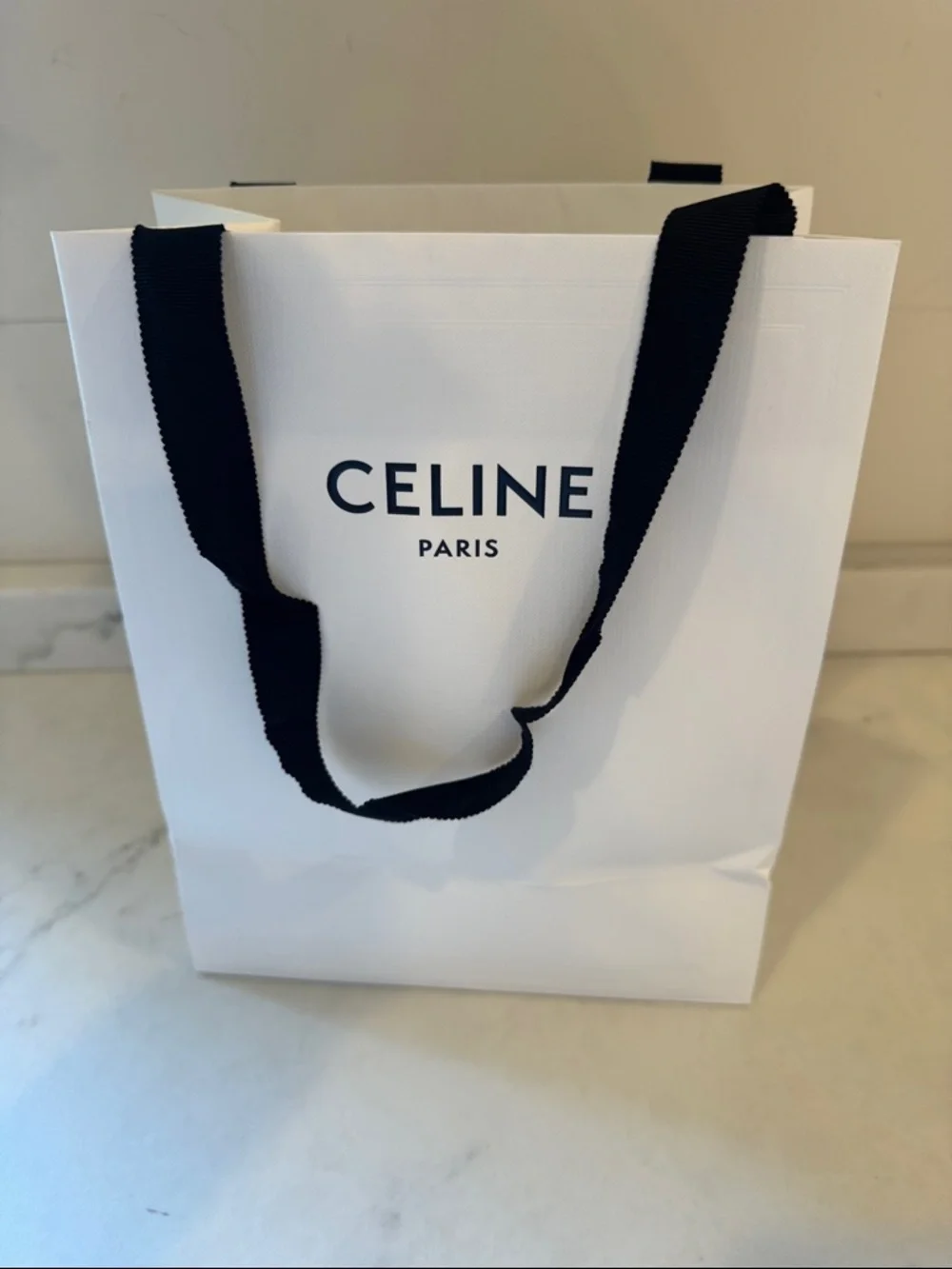 Celine White Shopping Bag with Black Ribbon Handles 10x8x5